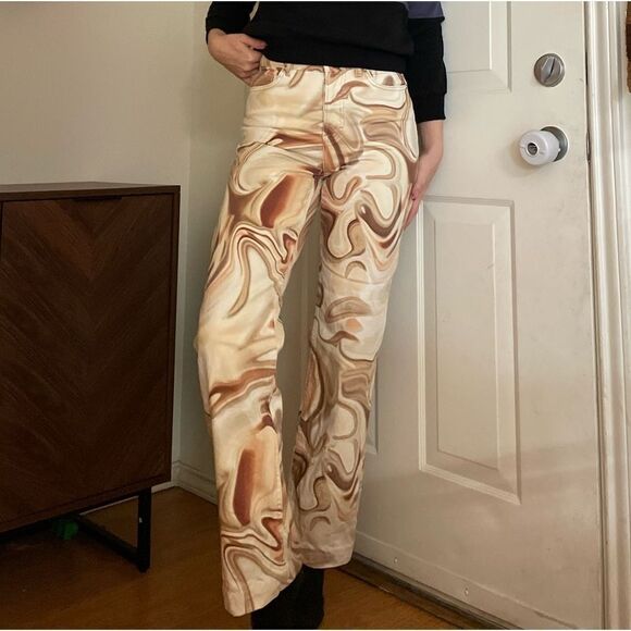 Zara Funky Marbled Flare Jeans Size 26 Cream Brown - Picture 3 of 5